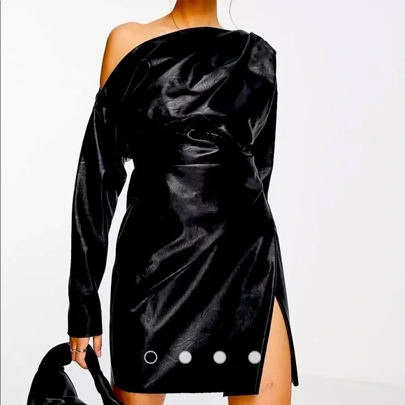 ASOS DESIGN PU off shoulder mini dress with tuck detail bodice in black